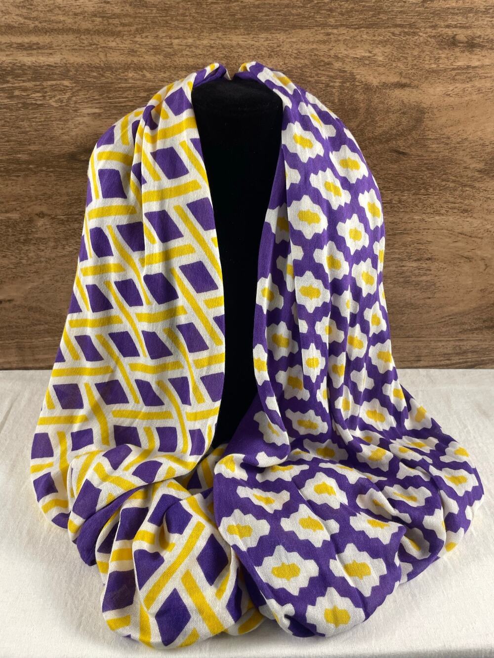 Mud Pie Purple Yellow Reversible Infinity Scarf Viscose Geometric